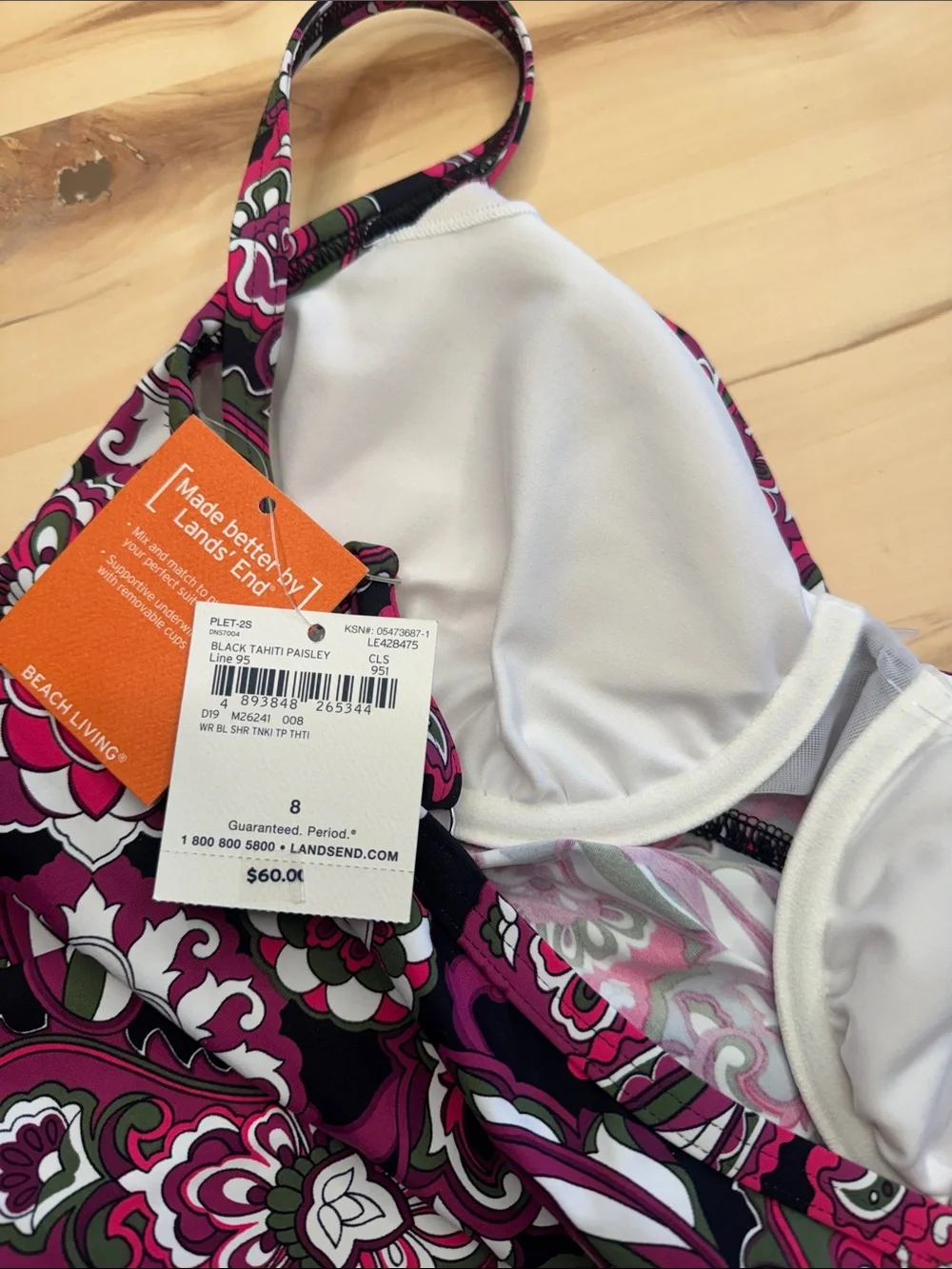 Lands' End NWT Pink Black Paisley Tankini Swim Skirt Set Underwire Adjustable 8